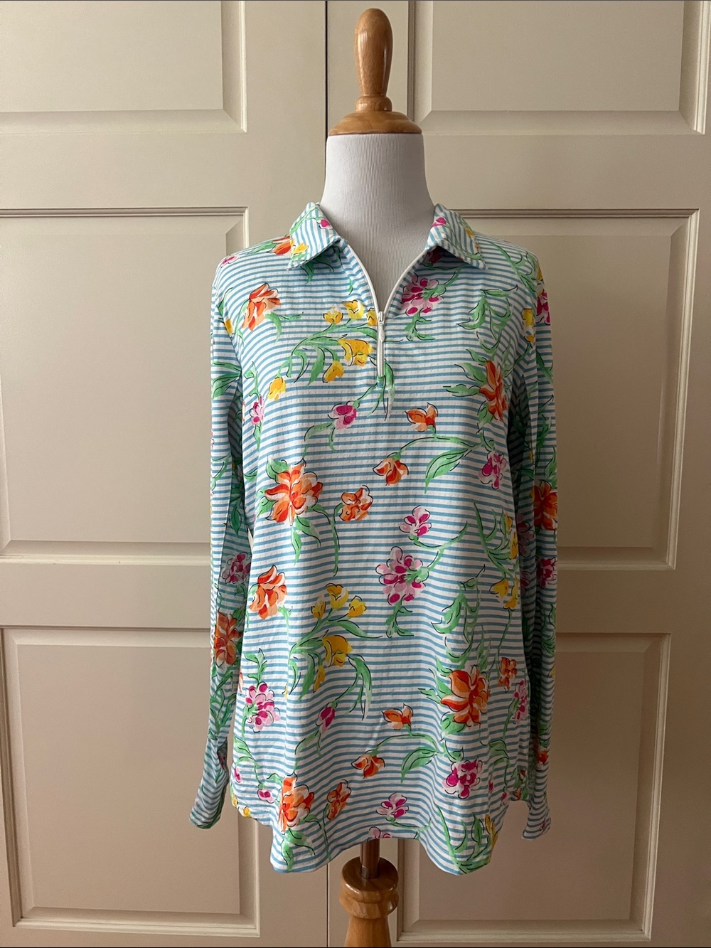 IBKUL Long Sleeve Top Striped with Floral Print Large BAY HILL embroidery